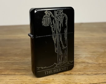 The Hermit Tarot Card - Engraved - Handmade In The UK - Tattoo Occult Style Gift - Refillable Metal Lighter - Blackwork Style Illustration