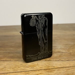 The Hermit Tarot Card - Engraved - Handmade In The UK - Tattoo Occult Style Gift - Refillable Metal Lighter - Blackwork Style Illustration