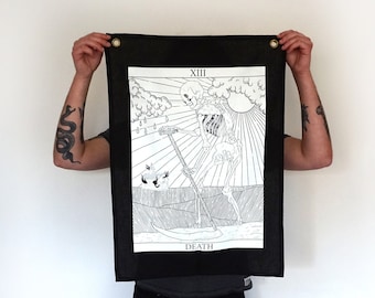Death Tarot Screen Printed Wall Hanging With Gold Hanging Eyelets - Screen Print Wall Tapestry - Handmade gothic gift printed in the UK