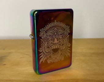 Aztec Mask Design - Rainbow Oil Slick - Tattoo Illustration - Engraved To Order - Occult Style Gift Refillable Metal Lighter - Wicca Death