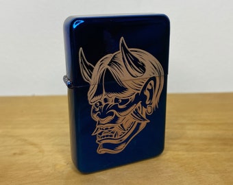 Japanese Oni Mask Tattoo - Blue Mirror - Engraved To Order - Tattoo Occult Style Gift Refillable Metal Lighter - Occult Illustration Death