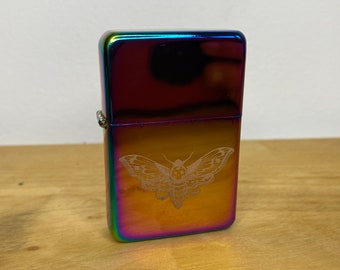 Death Moth Tattoo - Rainbow Oil Slick - Engraved To Order - Tattoo Occult Gift Refillable Metal Lighter - Occult Wicca Witch Illustration