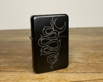 Wicca Snake Engraved Tarot Inspired Lighter - Handmade In The UK - Traditional Witch Style Tattoo Occult Style - Refillable Metal Lighter