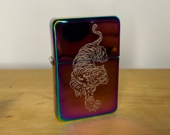 Tiger Tattoo Refillable Lighter - Rainbow Oil Slick Illustration - Engraved To Order - Occult Style Gift Refillable Metal - Traditional