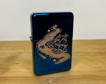 Cosmic Ship Traditional Space - Blue Mirror - Engraved To Order - Gift Refillable Metal Lighter - Space Cosmic Boat Galaxy Illustration Gift