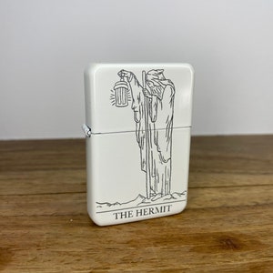 The Hermit Tarot Card White Finish Style - Tattoo Occult Style Gift - Refillable Lighter - Blackwork Style Illustration Gift For Him