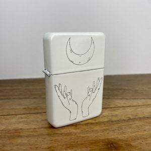 Wicca Hand Moon Engraved Tarot Inspired White Lighter - Witchy Line Illustration - Traditional Witch Tattoo Occult -Refillable Metal Lighter