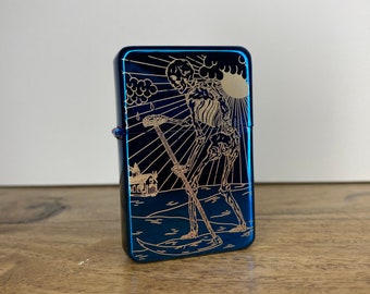 Death Tarot Card - Engraved - Blue Mirror Finish - Tattoo Occult Style Gift - Refillable Metal Lighter - Skeleton Skull Scythe Illustration