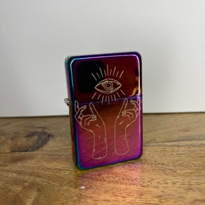 Wicca Eye Witch Hands Engraved Tarot Inspired Rainbow Lighter - Witchy - Traditional Style Tattoo Occult Style Refillable Metal Lighter Gift