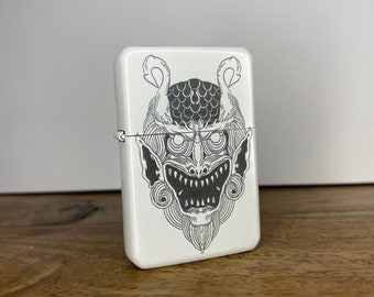 Demonic Traditional Illustrated Demon White Finish Style Refillable Lighter - Engraved To Order - Blackwork Tattoo Occult Style Gift