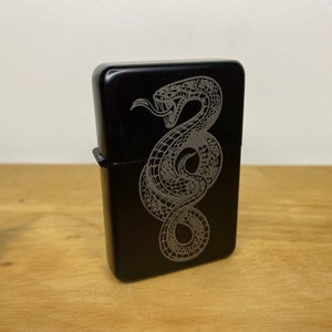 Curled Snake Tattoo - Engraved - Engraved To Order - Tattoo Style Gift Refillable Metal Lighter - Traditional Style Snake Illustration Death