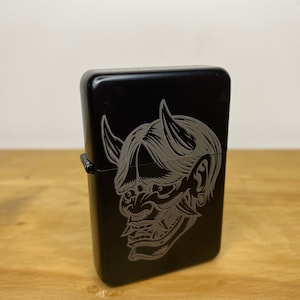 Japanese Oni Mask Tattoo - Engraved To Order - Tattoo Occult Style Gift Refillable Metal Lighter - Occult Wicca Witch Illustration Death