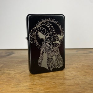 Occult Satanic Goat Lighter Baphomet - Engraved - Witchy Demon Illustration - Blackwork Tattoo Occult Tattoo Gift Refillable Metal Lighter