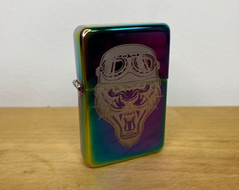 Panther Helmet Tattoo - Rainbow Oil Slick - Engraved To Order - Traditional Tattoo Style Gift Refillable Metal Lighter - Wicca Illustration