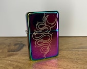 Wicca Snake Engraved Tarot Inspired Lighter - Rainbow Oil Slick - Traditional Witch Style Tattoo Occult Style - Refillable Metal Lighter
