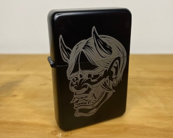 Japanese Oni Mask Tattoo - Engraved To Order - Tattoo Occult Style Gift Refillable Metal Lighter - Occult Wicca Witch Illustration Death