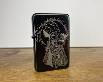 Occult Satanic Goat Lighter Baphomet - Engraved - Witchy Demon Illustration - Blackwork Tattoo Occult Tattoo Gift Refillable Metal Lighter