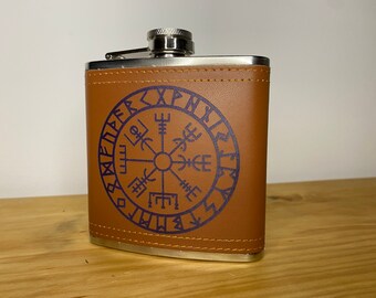 Viking Vegvisir Vegan Leather Engraved Hip Flask - 6oz Flask - Cute Gift Tattoo Style Illustrated Occult Illustration Wicca Gift For Him