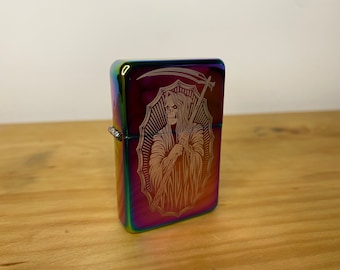 Grim Reaper - Engraved - Rainbow Finish - Tattoo Occult Style Gift - Refillable Metal Lighter - Skeleton Skull Scythe Illustration