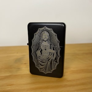 Jesus The Redeemer - Engraved Lighter - Matte Black Finish - Tattoo Occult Style Gift - Refillable Metal Lighter - Holy Wicca Illustration