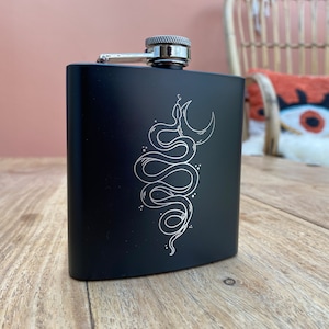 Wicca Snake Matte black Engraved Hip Flask - 6oz Flask - Cute Gift Tattoo Style Illustrated Occult Illustration Wicca Satanic Gift For Him