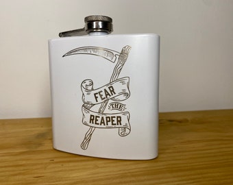 Fear The Reaper Matte White Engraved Hip Flask - 6oz Hipflask - Tattoo Style Illustrated Occult Illustration Wicca Satanic Gift For Him