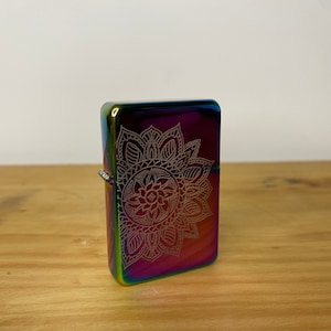 Engraved Bohemian Mandala Rainbow Lighter - Illustration Boho Pattern - Cute Handmade Gift - Tattoo Occult Style - Refillable Metal Lighter