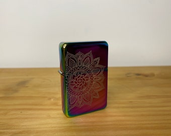 Engraved Bohemian Mandala Rainbow Lighter - Illustration Boho Pattern - Cute Handmade Gift - Tattoo Occult Style - Refillable Metal Lighter