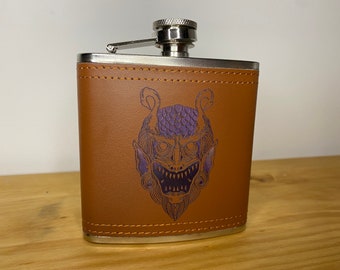 Demonic Face Vegan Leather Engraved Hip Flask - 6oz Hipflask - Tattoo Style Illustrated Occult Illustration Wicca Satanic Gift For Him