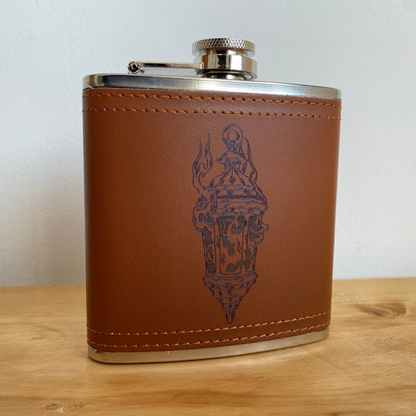 Flaming Lantern Vegan Leather Engraved Hip Flask - 6oz Flask - Cute Gift Tattoo Style Illustrated Occult Illustration Wicca Gift For Him