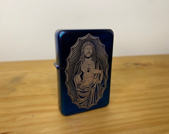 Jesus The Redeemer - Engraved Lighter - Blue Mirror Finish - Tattoo Occult Style Gift - Refillable Metal Lighter - Holy Wicca Illustration