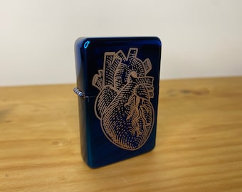 Anatomical Heart Lighter - Engraved - Mirror Blue Finish - Tattoo Occult Style Gift - Refillable Metal Lighter - Skeleton Skull Illustration
