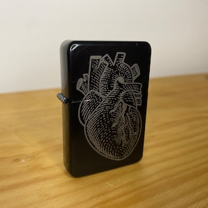 Anatomical Heart Lighter - Engraved - Matte Black Finish - Tattoo Occult Style Gift - Refillable Metal Lighter - Skeleton Skull Illustration