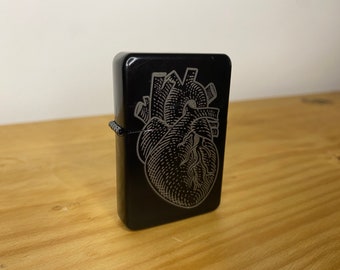 Anatomical Heart Lighter - Engraved - Matte Black Finish - Tattoo Occult Style Gift - Refillable Metal Lighter - Skeleton Skull Illustration