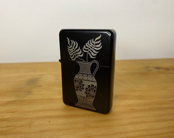 Greek Vase Flower Lighter - Engraved - Rainbow Finish - Tattoo Occult Style Gift - Refillable Metal Lighter - Skeleton Skull Illustration