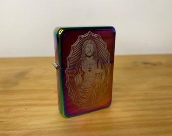 Jesus The Redeemer - Engraved Lighter - Oil Slick Finish - Tattoo Occult Style Gift - Refillable Metal Lighter - Holy Wicca Illustration