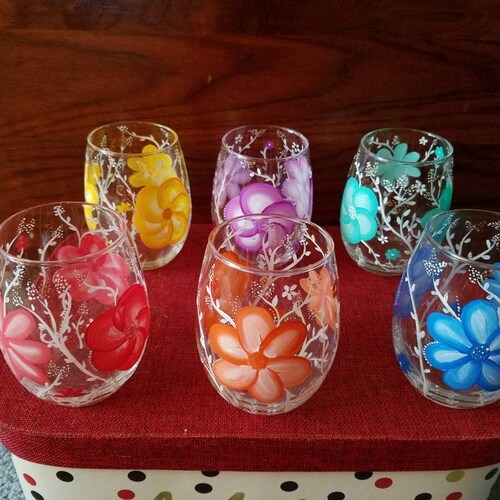Stemless Rainbow Wine Glass Custom Hand Painted Wine Glasses Etsy