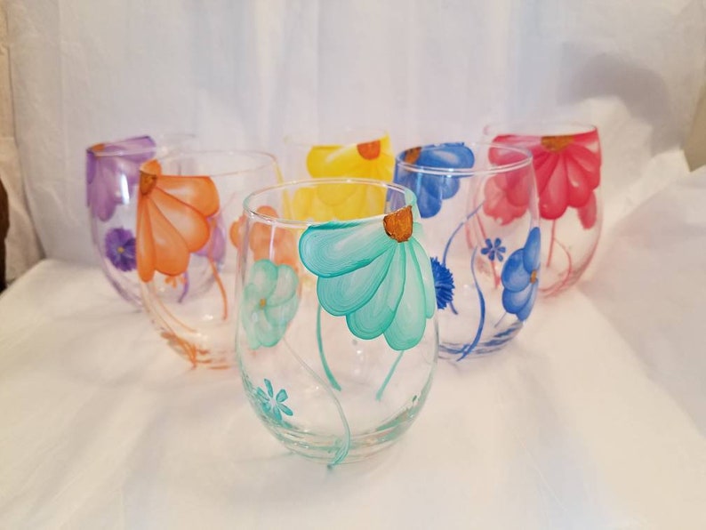 Set of 6 Stemless Flowered Wine Glasses Etsy