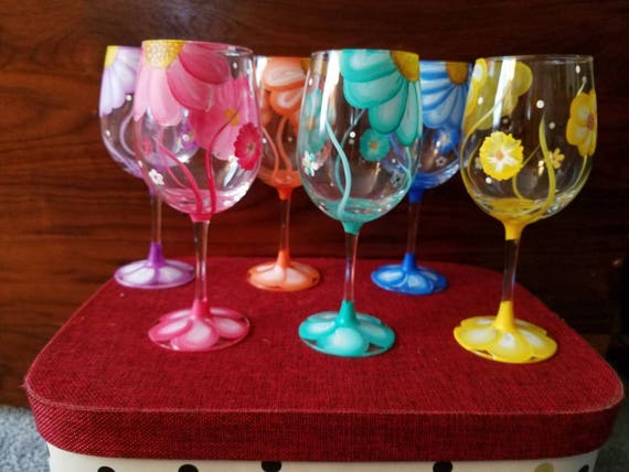 Set Of 6 Hand Painted Flower Wine Glasses Etsy