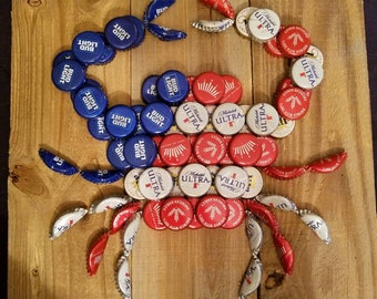 Red, white, and blue beer cap art
