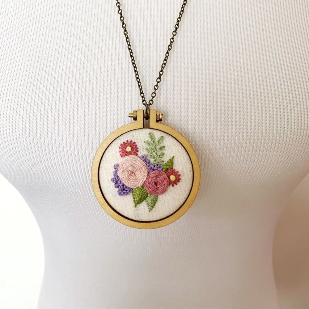 Embroidered Flower Pendant Necklace Etsy New Zealand
