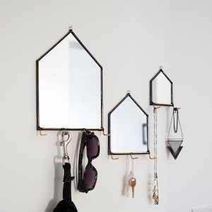 3 Sizes Modern Mirror House Wall Organizer with Hooks - Key Holder for Wall, Dog Leash Holder, Jewelry Holder, and More