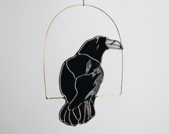 The Raven - Stained Glass Bird with Brass Detail, Bird Wall Hanging Decor