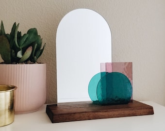 Look At Me - Teal & Pale Purple Glass Modern Vanity Mirror on Wood Base