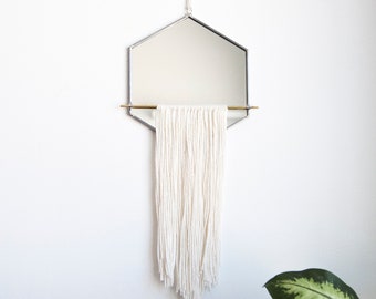 The Wykrój - Hexagon Mirror with Fringe & Brass Detail - Stained Glass Mirror Wall Decor