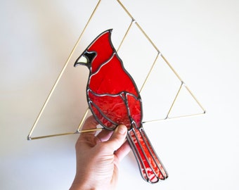 Cardinal - Stained Glass Bird with Brass Detail, Bird Wall Hanging Decor