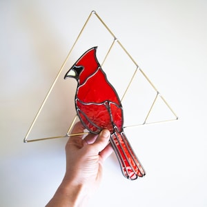 Cardinal Stained Glass Bird with Brass Detail, Bird Wall Hanging Decor image 1