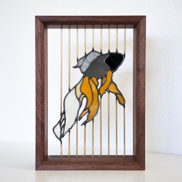 Stained Glass Fish - Floating in Walnut Wood Frame with Brass