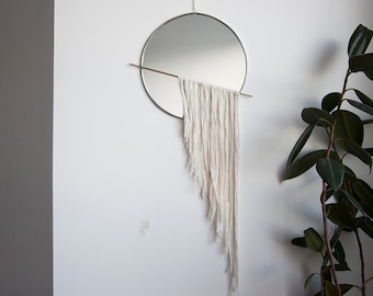 The Skos - Circle Mirror with Fringe and Chain & Brass Detail - Wall Mirror Hanging, Stained Glass Mirror, Modern Mirror Wall Decor