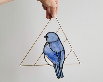 Bluebird - Stained Glass Bird with Brass Detail, Bird Wall Hanging Decor